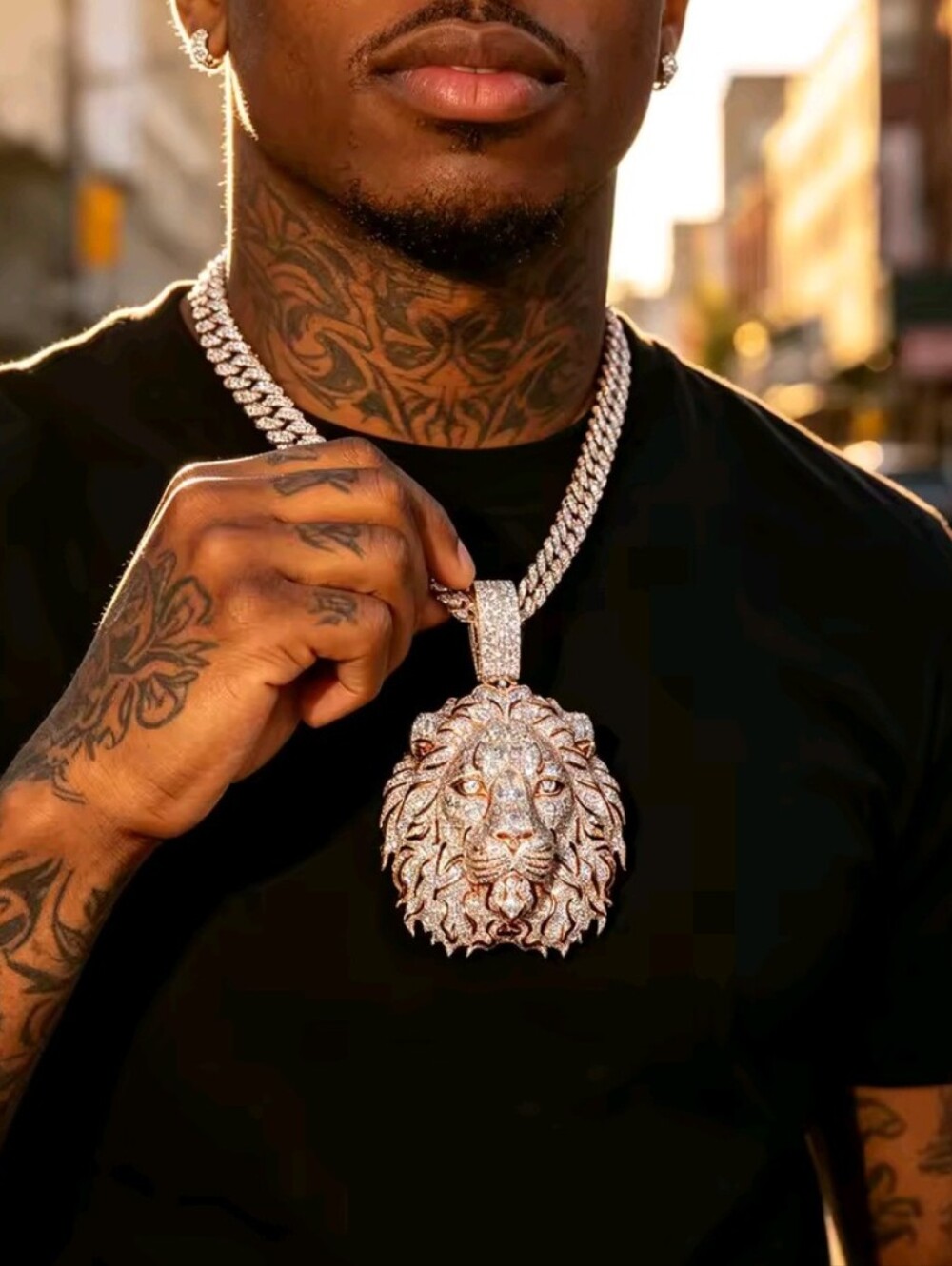 Men's Iced Out Huge Lion Head Pendant Full Diamond Sparkling CZ 18K Rose Gold